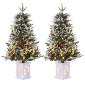3FT Pre-Lit Artificial Christmas Tree Tabletop with 78 Warm White Lights, Flocked Potted Christmas Tree, Battery Operated, for Front Door, Porch - 1 of 4