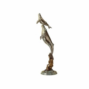 SPI Home Double Whale on Wave Brass Sculpture – Coastal Ocean-Inspired Art, 34" Tall Statement Piece - 1 of 4