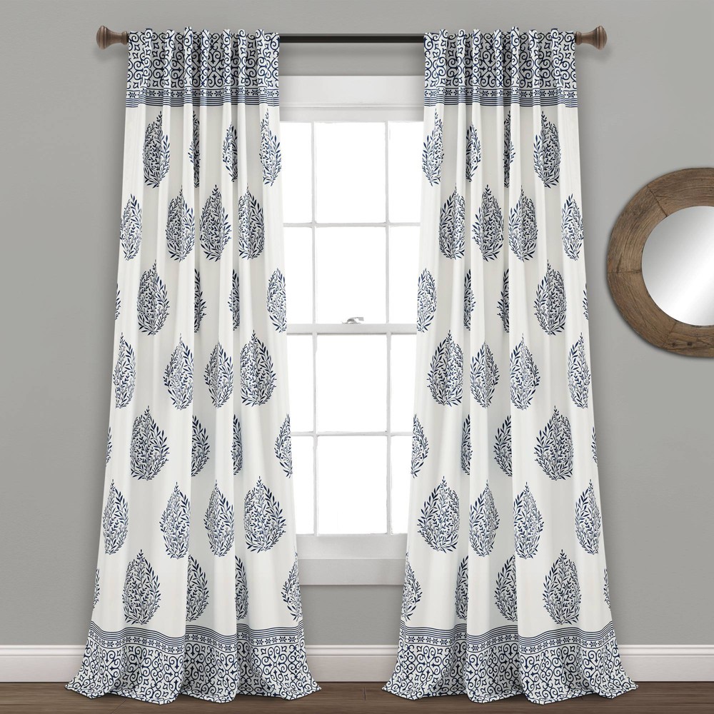 Photos - Curtains & Drapes 2pk 52"x95" Light Filtering Teardrop Leaf Curtain Panels Navy - Lush Décor