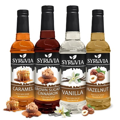 Syruvia Coffee Flavors Variety Pack: Vanilla, Caramel, Hazelnut, and Brown Sugar Cinnamon 25.4 fl oz Syrup