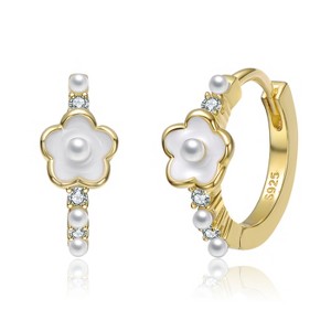 Guili 14K Gold Plated with White Enamel Pearl & Clear Cubic Zirconia Flower Design Hoop Earrings - 1 of 2