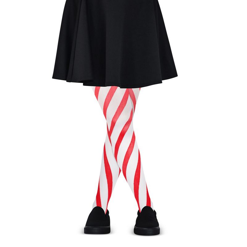 Skeleteen Candy Cane Striped Tights - Red and White Diagonally Striped Nylon Stretch Pantyhose Stocking Accessories for Every Day Attire and Costumes, 1 of 5