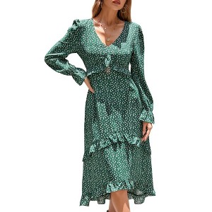 Women's Casual Ruffle Long Sleeve V Neck Boho Floral Print Midi Dress Flowy Chiffon A Line Long Dress - 1 of 4
