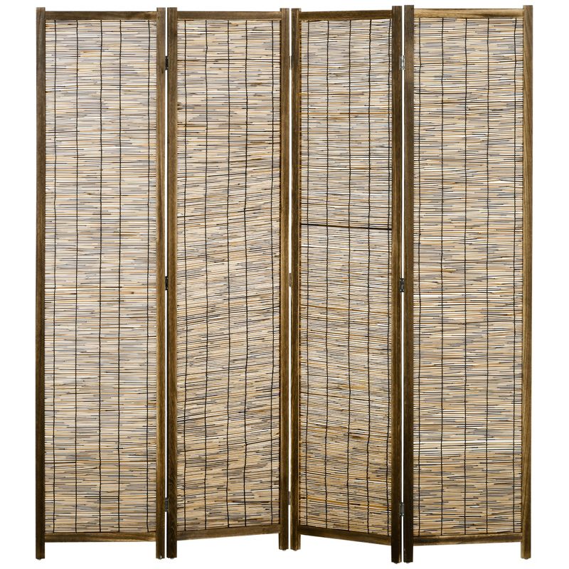 HOMCOM 5.5' Tall Room Divider with Wood & Hand Woven Reed, 4 Panel Folding Privacy Screens, Portable Partition Wall Divider, 4 of 7