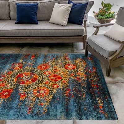 Blue and Orange 4' x 6' Synthetic Flat Woven Rug