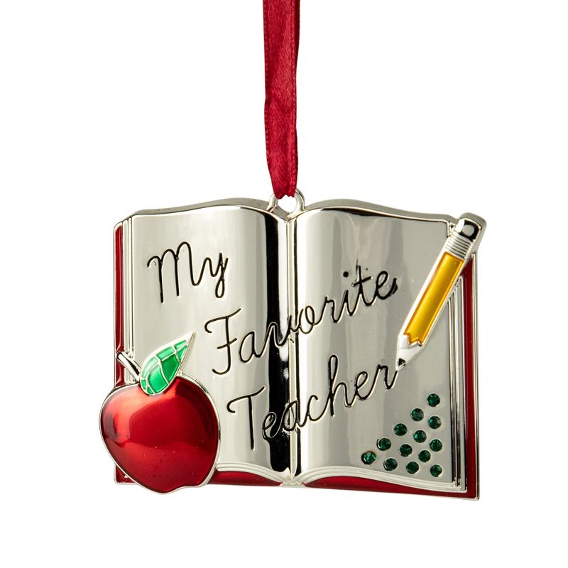 Northlight 3.25" Red Silver-Plated Favorite Teacher Christmas Ornament with European Crystals, 1 of 6