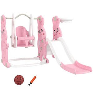 4 in 1 Toddler Slide and Swing Set with Climber, Basketball Hoop, Rabbit Themed Kids Playset for Ages 1.5-4, Pink - 1 of 4