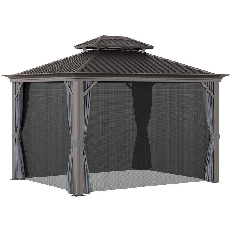Outsunny Patio Gazebo 10' x 12', Netting & Curtains, 2 Tier Double Vented Steel Roof, Hardtop, Ceiling Hooks, Rust Proof Aluminum, Gray, 4 of 7