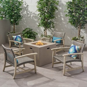 Christopher Knight Home Augusta Outdoor Acacia Wood and Wicker 5 Piece Club Chair and Fire Pit Set - 1 of 4