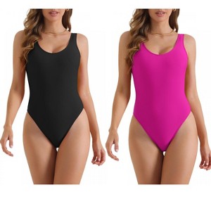 INSPIRE CHIC Women's Solid Scoop Neck Wide Strap Low Back Slimming Monokini Bathing Bikini Suit 2 Sets - 1 of 4