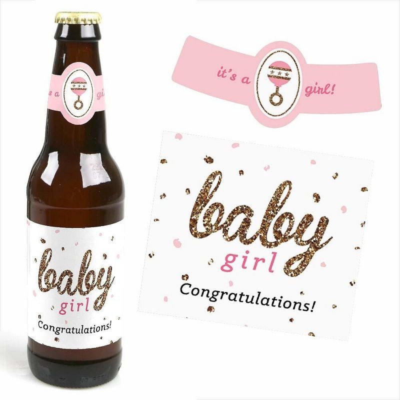 Big Dot of Happiness Hello Little One - Pink and Gold - Girl Baby Shower Decorations for Women and Men - 6 Beer Bottle Label Stickers and 1 Carrier, 3 of 6