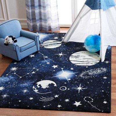 Dark Blue and Light Blue Synthetic Space Themed Kids Rug, 2' x 3'