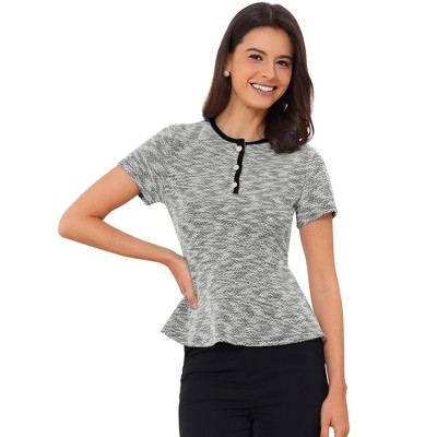 INSPIRE CHIC Women's Tweed Crew Neck Short Sleeve Button Down Office Work Peplum Blouses