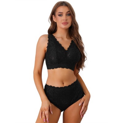 Allegra K Women's Floral Lace Wire-free Full Coverage Lingerie Bra and Underwear Sets