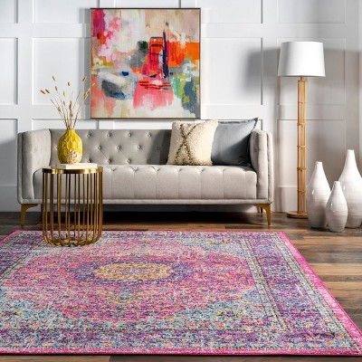 Pink and Multicolor Round Synthetic Persian Area Rug