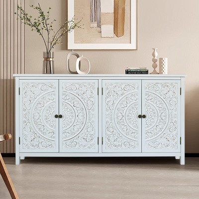 60" Accent Sideboard Cabinet with Carved Floral Doors,Rustic White Buffet Storage Console for Dining Room or Living Room-Baofuwish