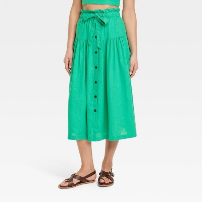 Women's Tie Waist Button-Front Midi Skirt - Universal Thread™ Green XL