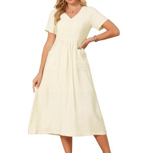 INSPIRE CHIC Women's Linen Summer Short Sleeve V Neck Boho Loose Flowy Beach Midi Sundress Small Beige