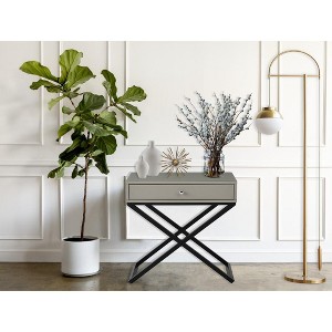 Gulches 23" Taupe Wooden End Side Table Nightstand with Glass Top, Drawer and Metal Cross Base - 1 of 4