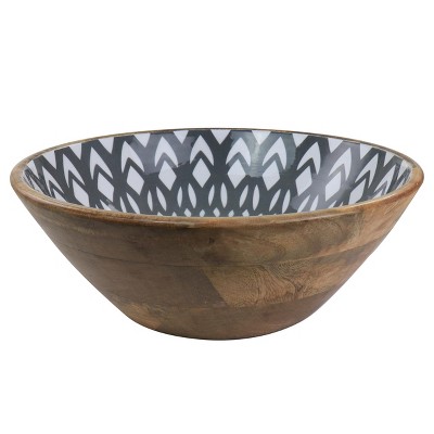 Large Gray Mango Wood Serving Bowl with Enamel Finish