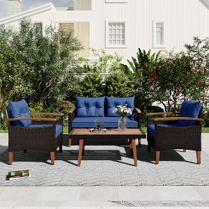 GO 4-Piece Garden Furniture, Patio Seating Set, PE Rattan Outdoor Sofa Set, Wood Table and Legs - 1 of 4