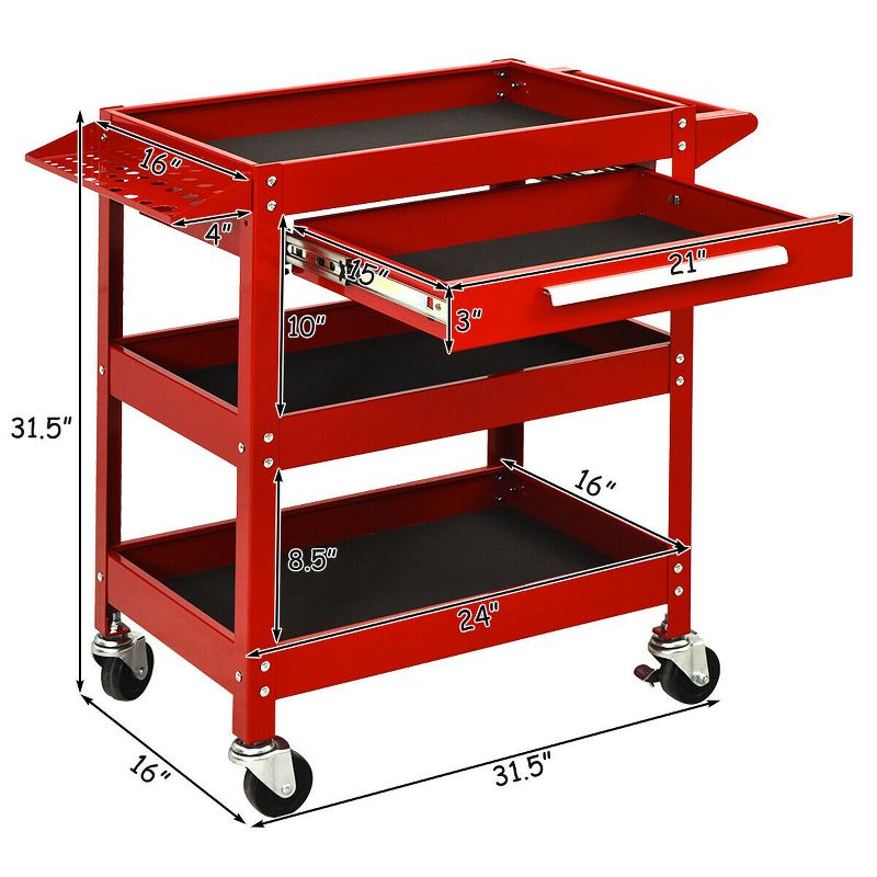 Three Tray Rolling Tool Cart Mechanic Cabinet Storage ToolBox Organizer w/Drawer, 2 of 11