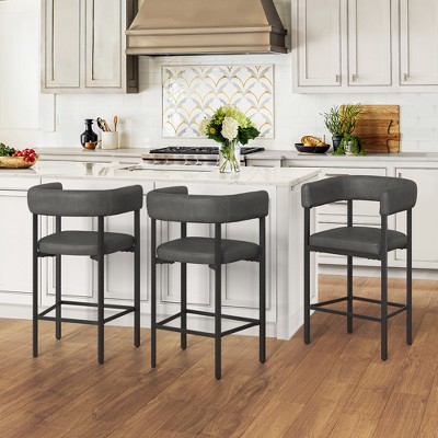 Arceso Barrel Bar Stools Set of 3, 26 Inch Upholstered Barstools with Arms & Metal Frame, Counter Height Bar Stools with Curved Backrest