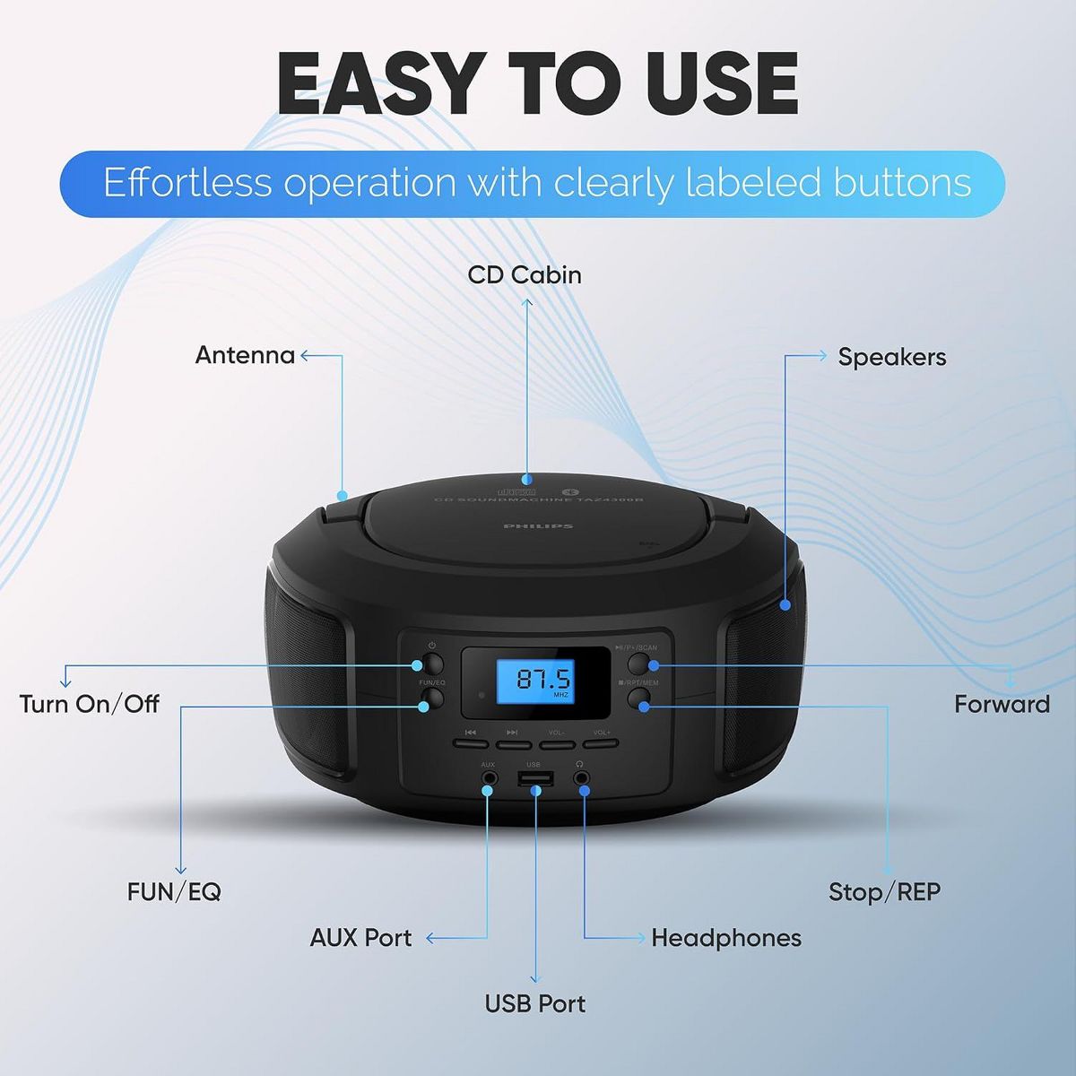 PHILIPS Portable CD Player Boombox with Bluetooth – Dynamic Bass Boost, FM Radio, USB/Aux Input, Compact Design - thumbnail 6