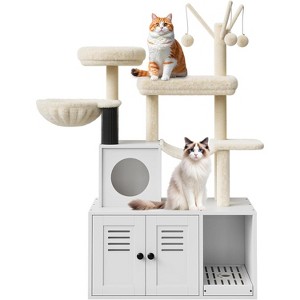 Litter Box Enclosure & Cat Tree: Hidden Washroom Furniture with Scratching Post, Plush Perch, Multi-Platform Wooden Cat Condo & Passage - 1 of 4