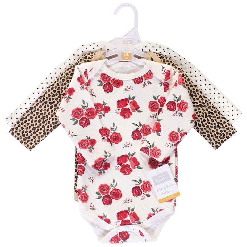 Hudson Baby Infant Girl Quilted Long-Sleeve Cotton Bodysuits 3pk, Rose Leopard, 3 of 4