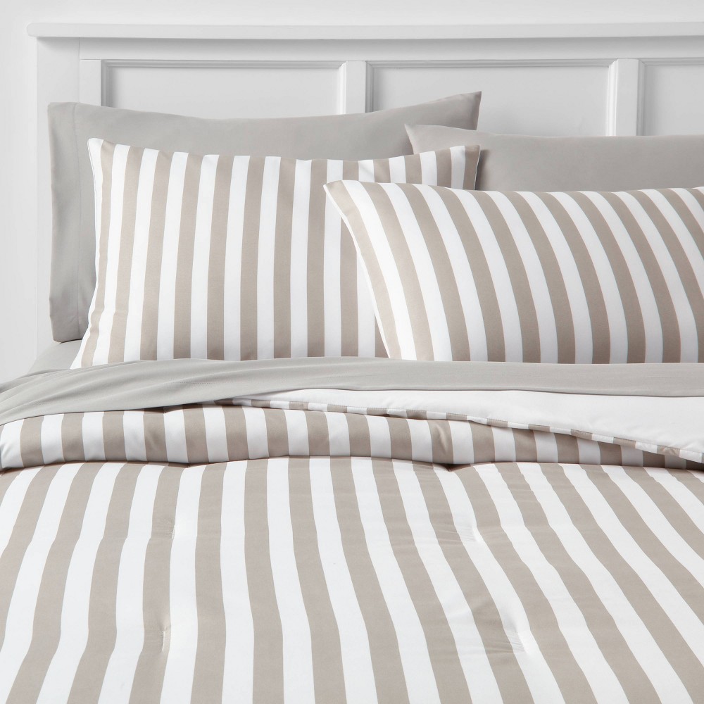 7pc Queen Stripe Microfiber Reversible Comforter & Sheet Set Gray - Room Essentials