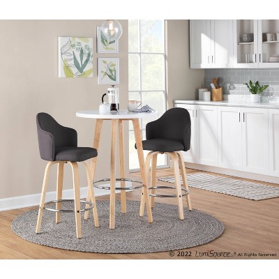 Swivel Natural Wood and Charcoal Fabric Barstools, Set of 2