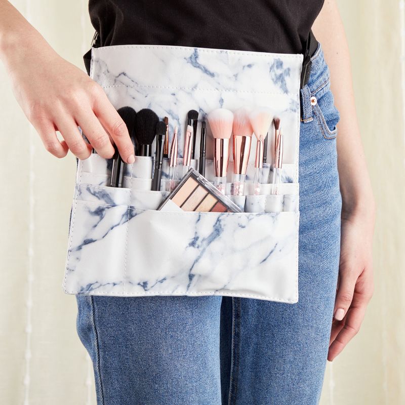 Okuna Outpost PU Leather Makeup Brush Belt & Organizer for Professional Cosmetic Artist with 22 Pockets, White Marble, 3 of 8