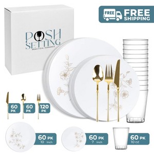 Posh Setting 420 Piece White And Gold Plastic Party Bundle - Primrose (60 Settings) - 1 of 4