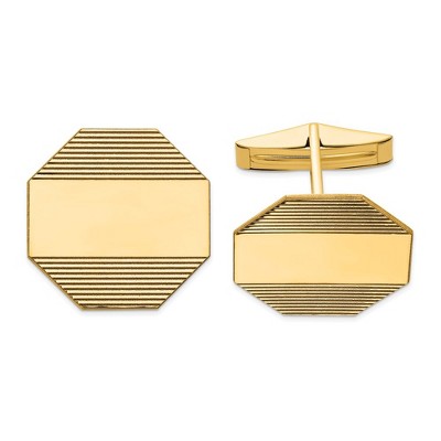 Black Bow Jewelry 14K Yellow Gold Grooved Striped Octagon Cuff Links, 20mm