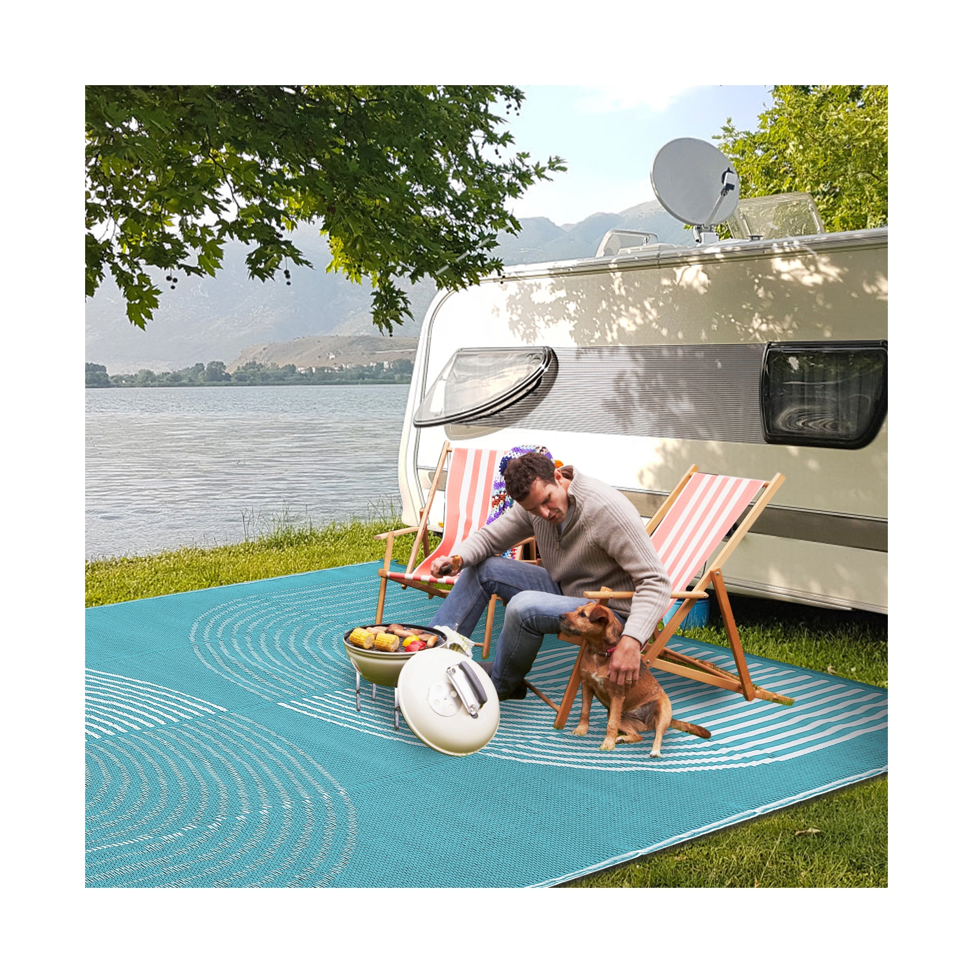 Waterproof Reversible Outdoor Rug Large Modern Geometric Plastic Straw Rug Outside Camping Rug for RV Deck Backyard Balcony, 8'x10', Blue/White