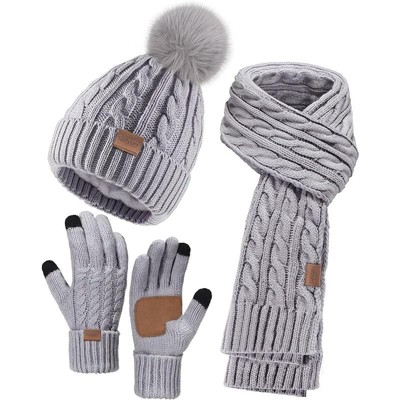 ZUPPAD Winter Hat Scarf Gloves Set for Women, 3 PCS Pom Pom Beanie Hat Touchscreen Glove Long Neck Kint Scarf Christmas Gifts