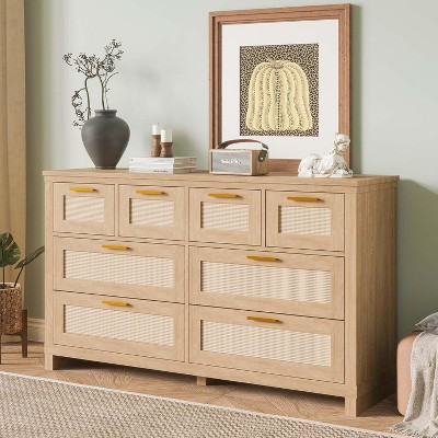 8 Drawer Rattan Chest, Wood Boho Modern, Storage Organizer for Closet, for Bedroom, Closet, Living Room