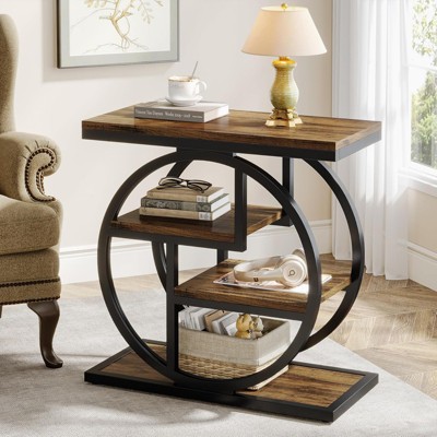 FONTOI 4-Tier End Table, 25.59" Industrial Side Table with Storage Shelves, Small Snack Table for Couch, Rustic Brown, 11.81"*26.18"*25.59"