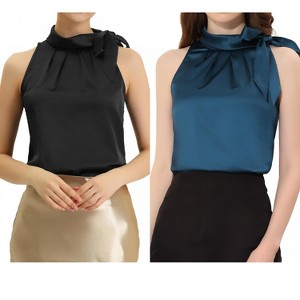 INSPIRE CHIC Women's Elegant Satin Sleeveless Bow Tie Mock Neck Solid Work Blouse 2 Packs - 1 of 4