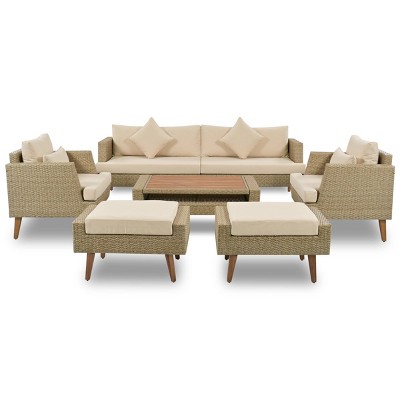 Nestfair 6pc Wicker Patio Conversation Set with Tea Table and Light khaki Cushions