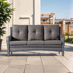 POCASSY 74" Wide Outdoor Wicker Patio Sofa with Cushions, All Weather Wicker Furniture Sofa 3 Seater Couch for Porch, Deck, Balcony - 1 of 4