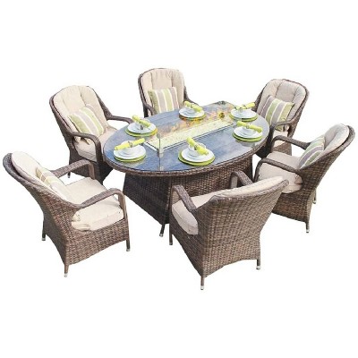 Eton 7pc Oval Wicker Fire Pit Patio Dining Set - Direct Wicker