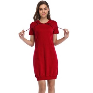 Women's Casual Short Sleeve Solid Color Pullover Hooded Tunic Dress with Kangaroo Pocket - 1 of 4