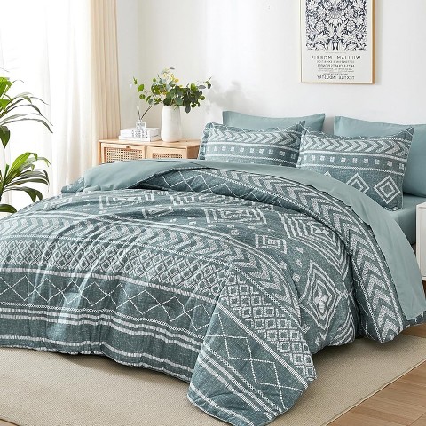 Der Rose BALHAM TRADE-Queen Size Comforter Set 7 Pieces Boho Aztec Lightweight Soft Bed Comforter Set Grayish Blue-Queen 90"x90"