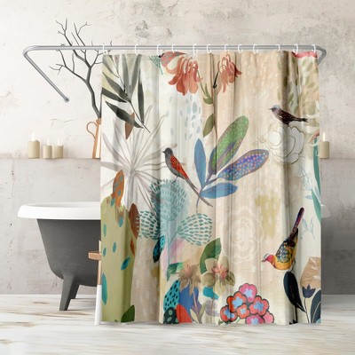 Americanflat 71x74 Floral Shower Curtain - Metal Grommets and 12 Hooks - 100% Polyester - Botanical Curtains - Beige, Blue, Green, Coral and Pink