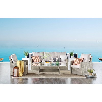 Canaan 4pc All Weather Wicker Outdoor Deep Seat Dining Set Cream - Alaterre Furniture