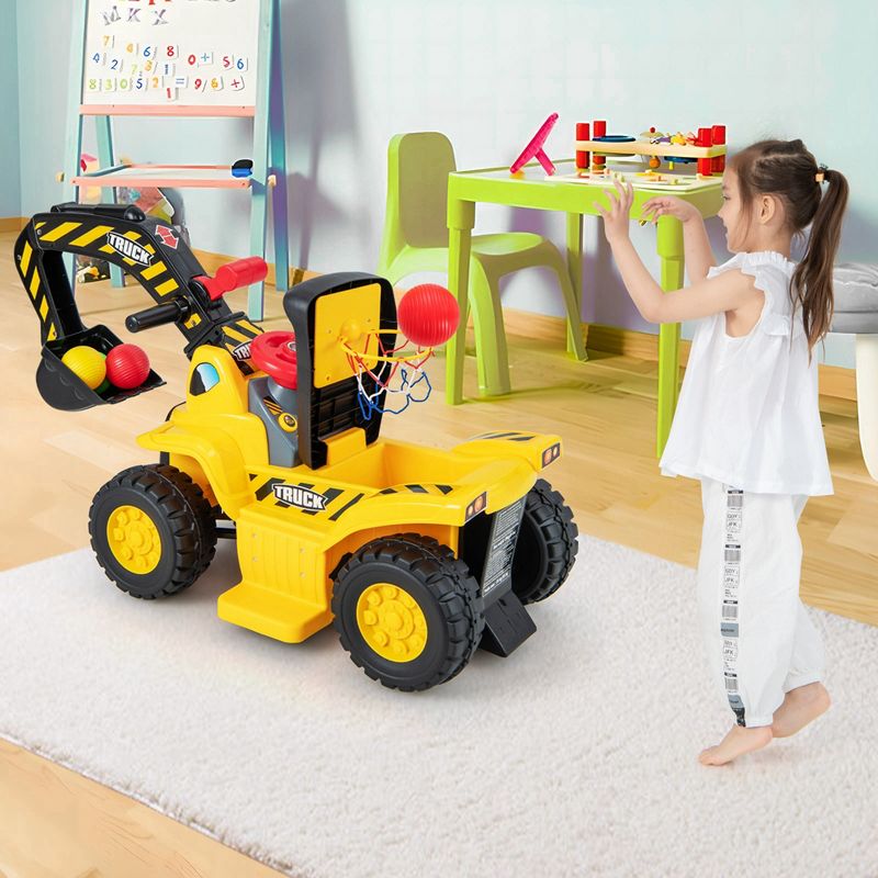 Costway 6V Electric Kids Ride On Excavator Pretend Play Toy Tractor w/ Basketball Hoop, 4 of 11