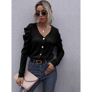 Coolmee Women Casual V-Neck Slim-Fit Leg-Of-Mutton Long Sleeve Buttons Knitted Cardigan Cropped Jacket Tops - 1 of 4