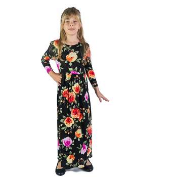24seven Comfort Apparel Girls Floral Pleated Waist Maxi Dress Machine Washable